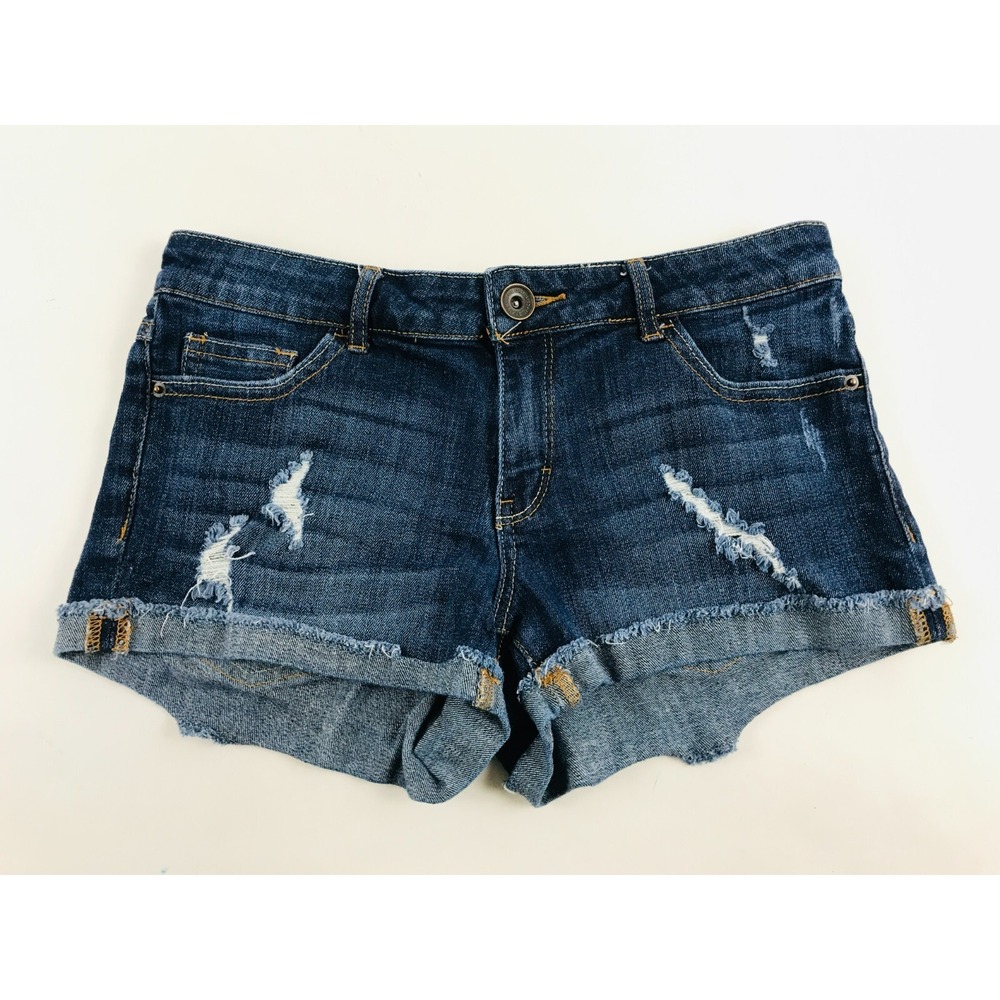 Review Shorts Women's Size XS Blue Denim Cuffed Hem Distressed Cut-Off pockets